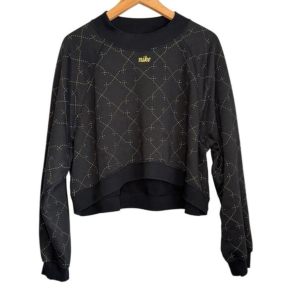 Nike Women’s Large Cropped Sweatshirt Black Gold Diamond Stitch Pullover Crew - Picture 2 of 8